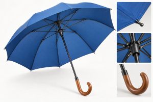 Minh họa tán xanh, nan, trụ và tay cầm cong của ô che mưa
