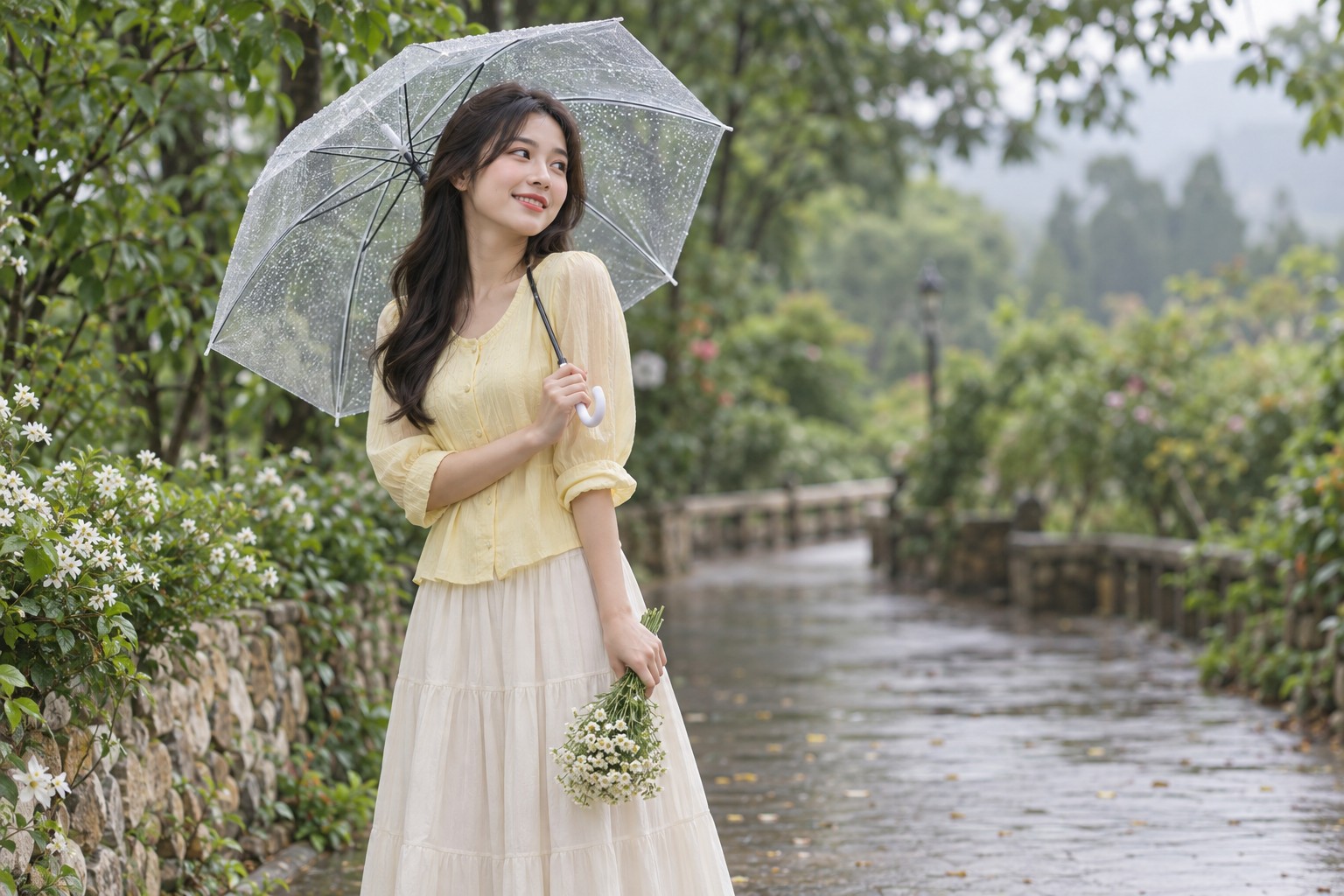 Minh họa tạo dáng cùng ô trong suốt ở lối vườn Minh họa người mặc áo vàng nhạt giữ ô trong suốt lệch vai trên lối vườn sau mưa